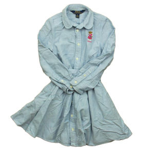 Ralph Lauren Light Blue Button-Down Girls Dress with Embroidered Bear